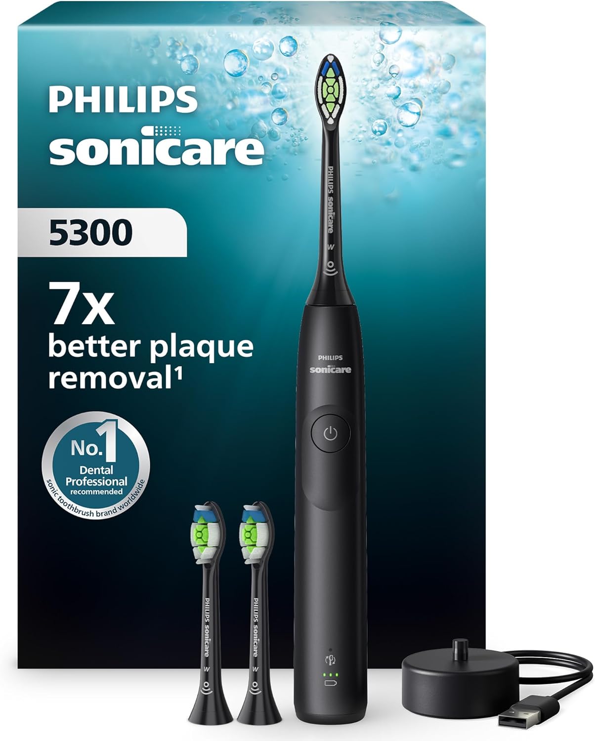 Philips Sonicare 5300 spazzolino elettrico sonico con 2 livelli di intensità, avviso di pressione, EasyStart, Smartimer e BrushPacer, nero, modello HX7101/04 [Nuova tecnologia]