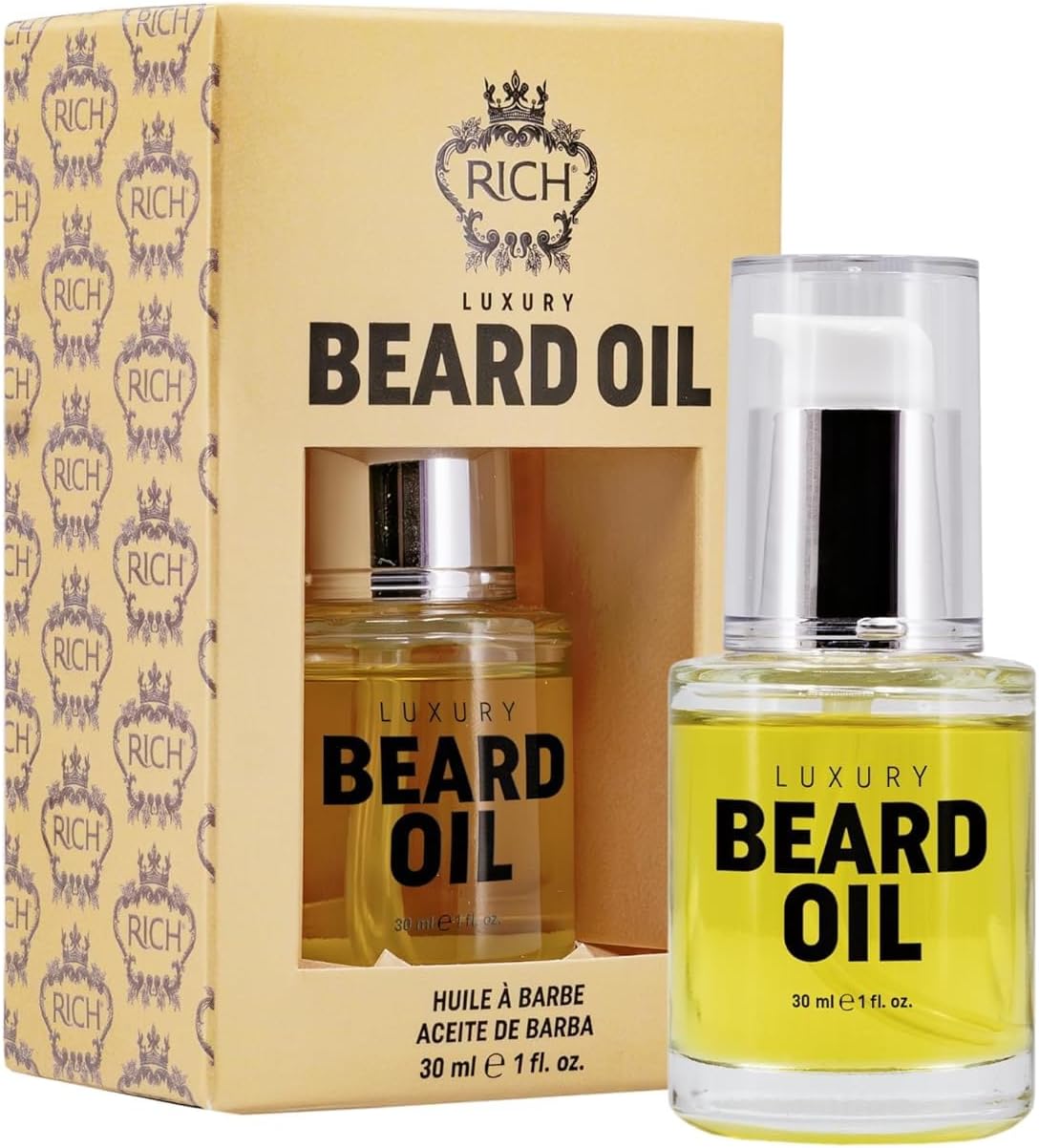 RICH Luxury Beard Oil for Men, Deep Conditioning and Softening, Soothes Beard Itch and Flakes, Lightweight and Fast Absorbing, Paraben-Free, Clean and Vegan, Argan, Jojoba and Macadamia Oil, 1 fl oz
