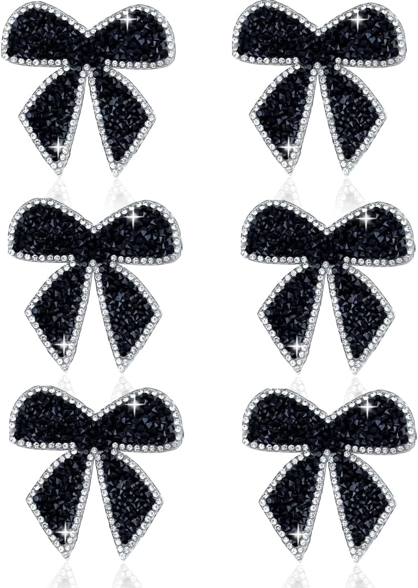 6 Pieces Glitter Silver Bow Shape Hot Glue Iron On Patches Adhesive Sparkly Rhinestone Appliques for Clothing Jeans Jackets Bags DIY Repair Decoration(Silver)