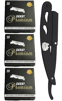 the shave factory Straight Edge Razor Kit - with Single Stainless Steel razors for men from Black / 300 Derby Blades