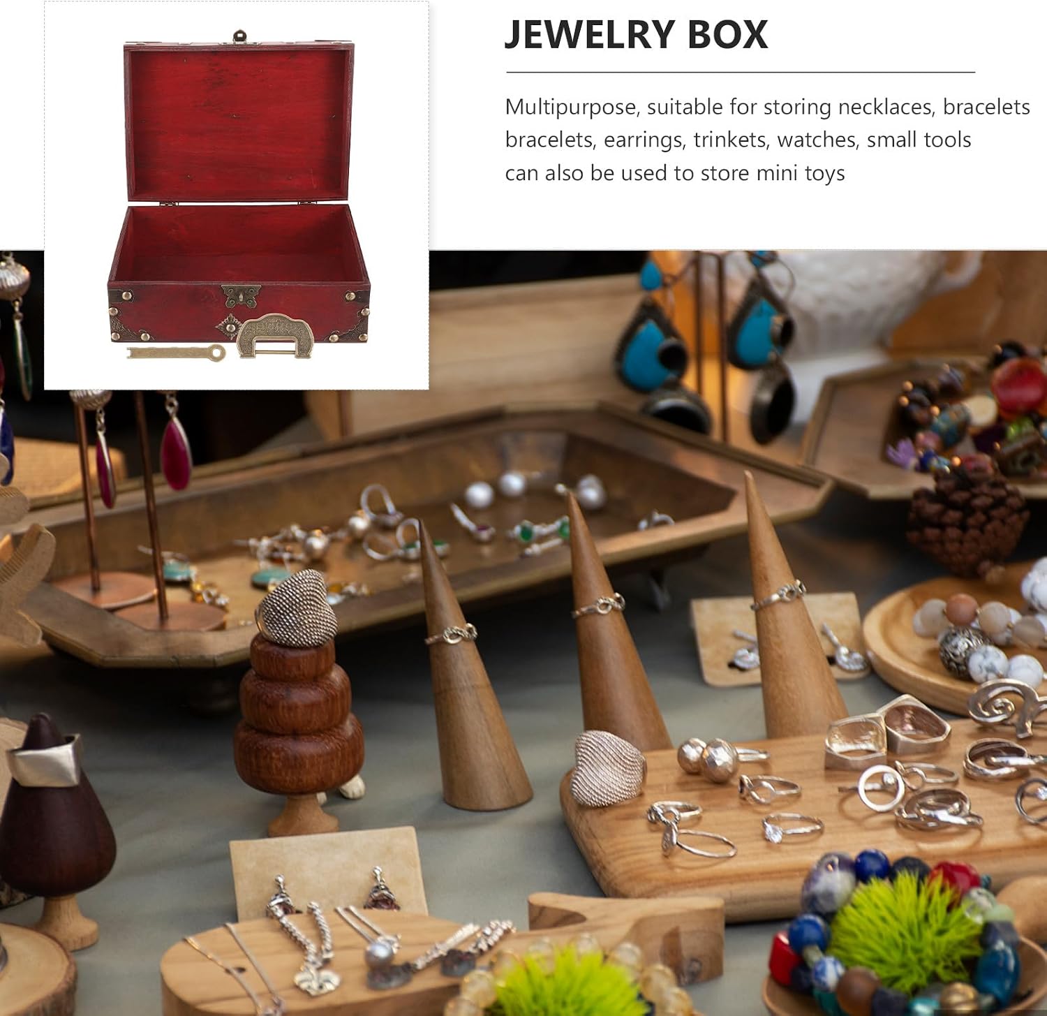 Alasum Vintage Wooden Jewelry Box with Small Lock, Portable Jewelry Storage Case and Organizer, Red Antique Style Treasure Chest for Bedroom Decor and Necklace Ring Storage image 3
