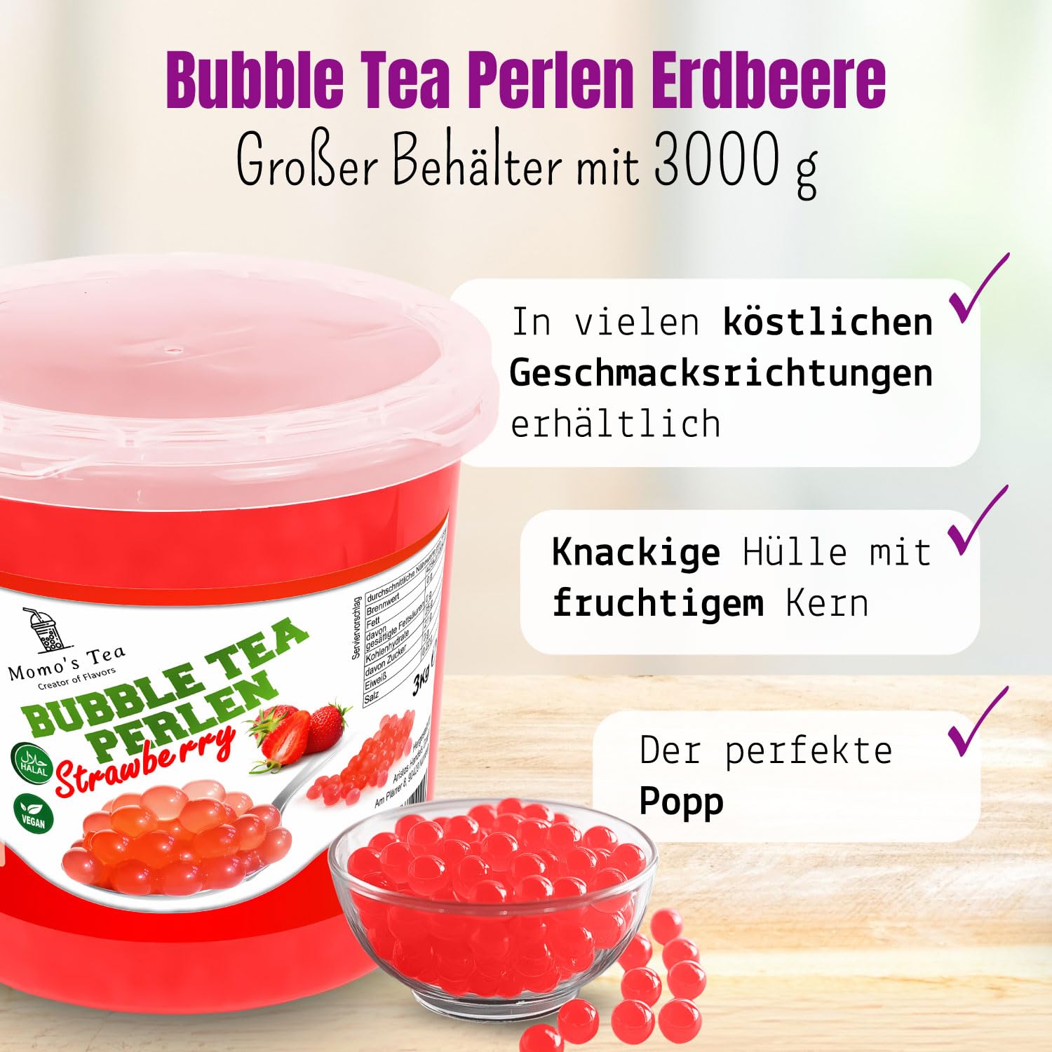 Momo's Tea® Bubble Tea Perlen - zum selber machen [Erdbeere - 3kg XXL Behälter] - 100% vegan, halal, glutenfrei