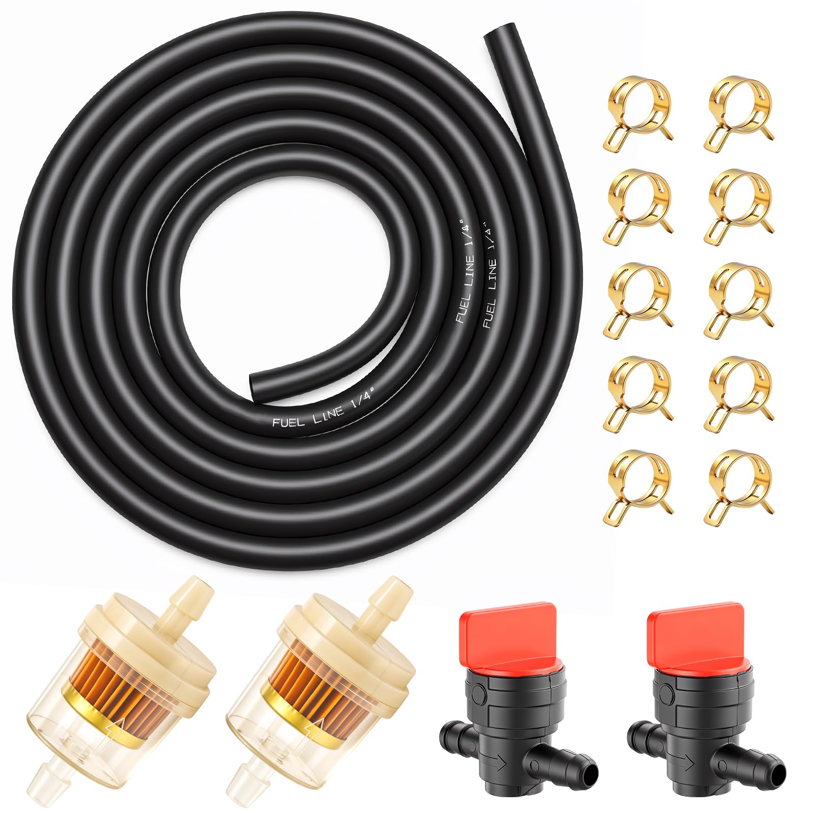 Fuel Line Kit, 1/4in x 6.6FT Rubber Gas Hose with Clamps, Shut Off Valve and Filters, Compatible with Briggs &amp; Stratton Craftsman MTD Kawasaki Kohler Small Engine Mower Generator