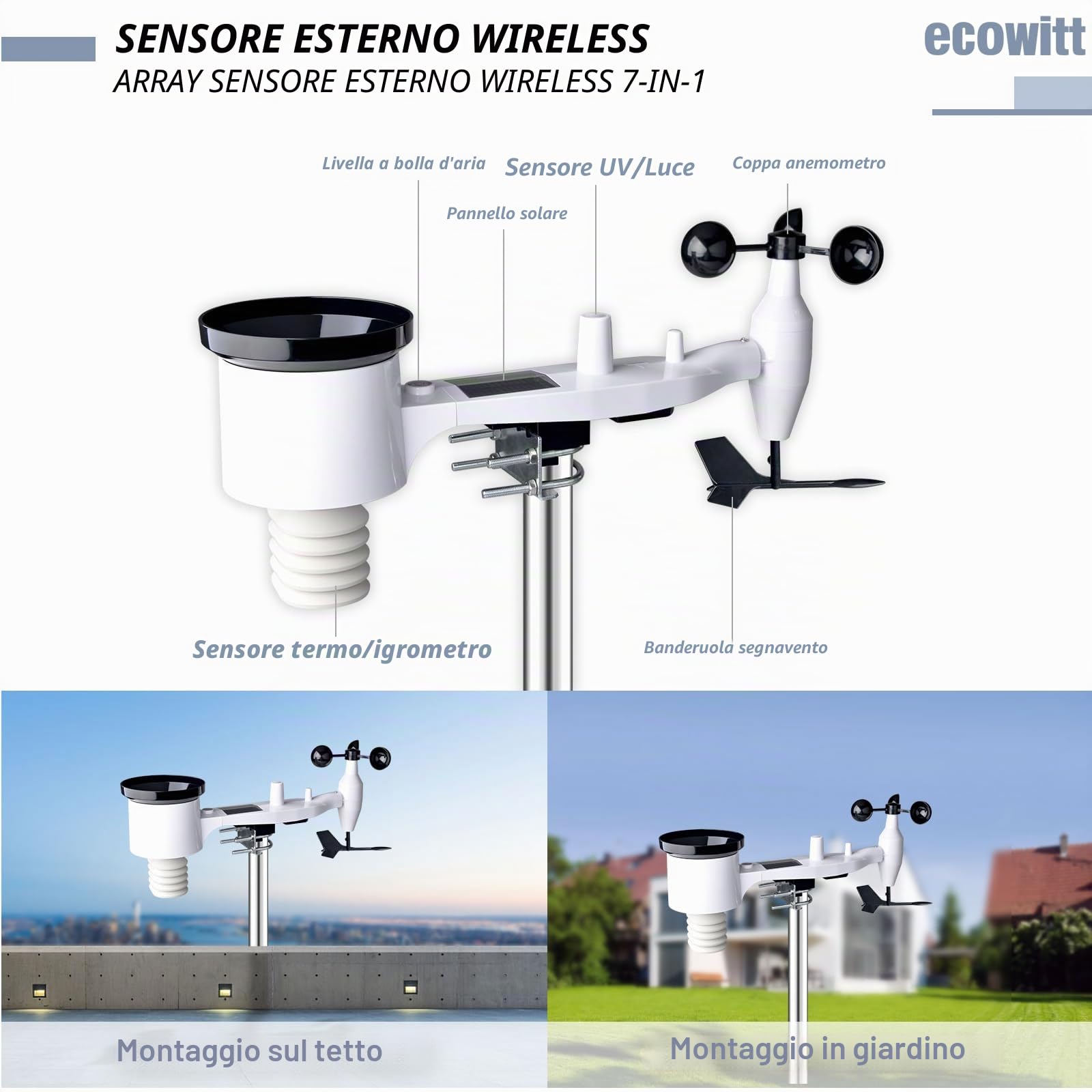 ECOWITT senza fili Stazione meteo GW1101, Sensore da esterno ad energia solare 7 in 1 WS69, Gateway Wifi 3 in 1 per interni GW1100, previsioni meteo per il giardino di casa, assistente meteo