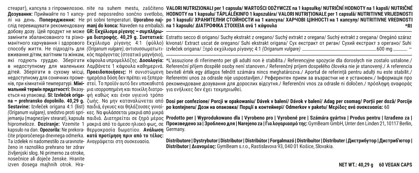 GymBeam Estratto di Origano - Supporto al Sistema Respiratorio - 600 mg per Porzione - Integratore Vegano Senza Glutine e Lattosio - Supporto per Digestione, Fegato e Cistifellea - 60 cps