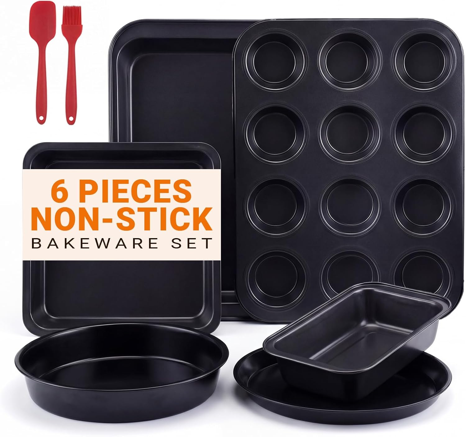 Baking Set, Nonstick Bakeware Sets,6 Pieces Baking Pans Set Including Roasting Pan Cookie Sheet Cake Pan Loaf Pan Muffin Pan, Oven & Dishwasher Safe Carbon Steel Kitchen Baking Tools, Local Stock