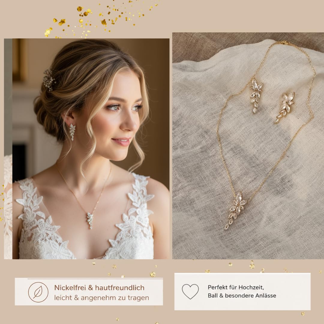 Set di gioielli da sposa oro con zirconi, collana e orecchini da donna, elegante set di gioielli con zirconi scintillanti, matrimonio, ufficio residenziale, sposa, fidanzamento