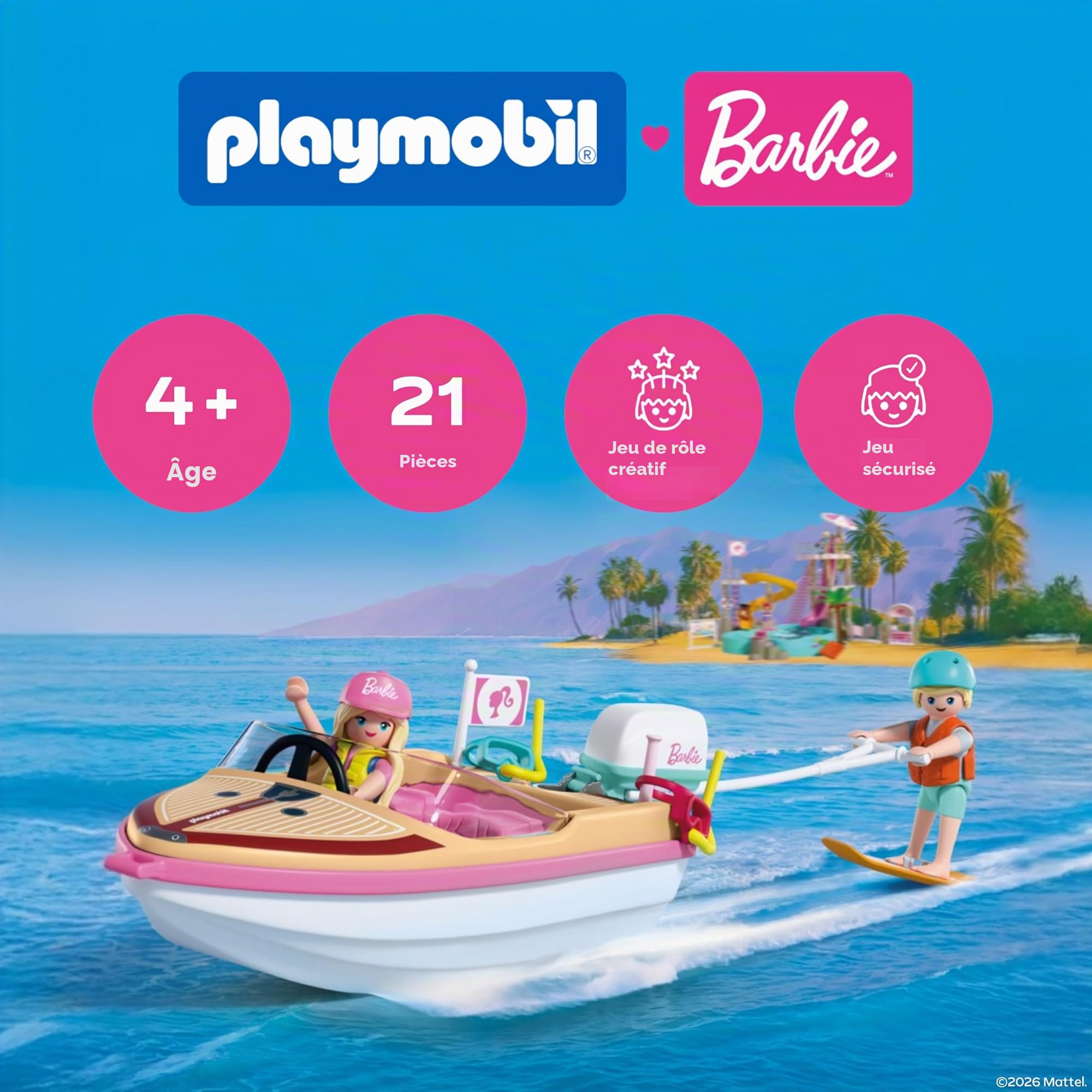 Playmobil, Barbie, Bateau d’Aventure, Bateau Rapide avec Barbie et Ken, Action de Wakeboard et de Snorkeling pour Enfants, Jouet Aquatique, pour Enfants à partir de 4 Ans, 72122