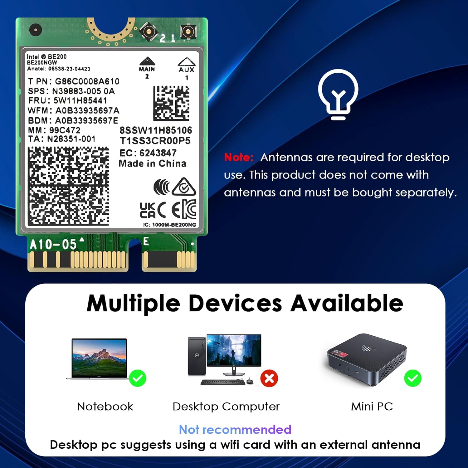 WAVLINK WiFi 7 Wireless Card for Intel CPU Laptop Only, 2026 Tri-Band BE200 M.2 NGFF Network Module with Bluetooth 5.4, MU-MIMO, WPA3, Support Windows 10/11(64-bit) Laptop, Not Support AMD