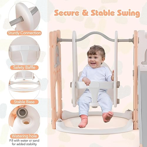 Miniatura 4 de Costzon Juego de columpio y tobogán 7 en 1, juego independiente para niños pequeños con columpio, aro de baloncesto, tobogán para niños pequeños de