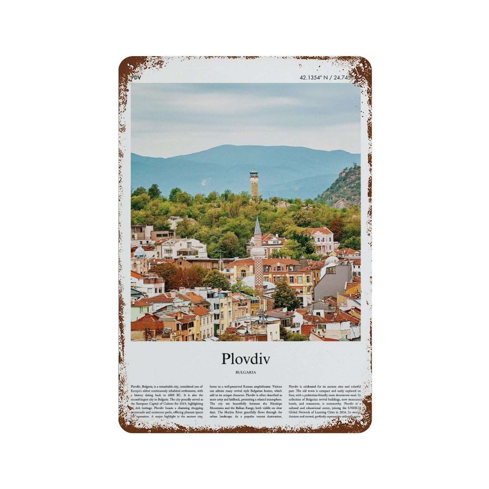 xiaoxiaoshen Plovdiv Bulgaria City Scenery Wall Decor Art Metal Tin Poster Modern Home Decor Art Home Bar Shop Decorations Vintage Sign 30x20cm