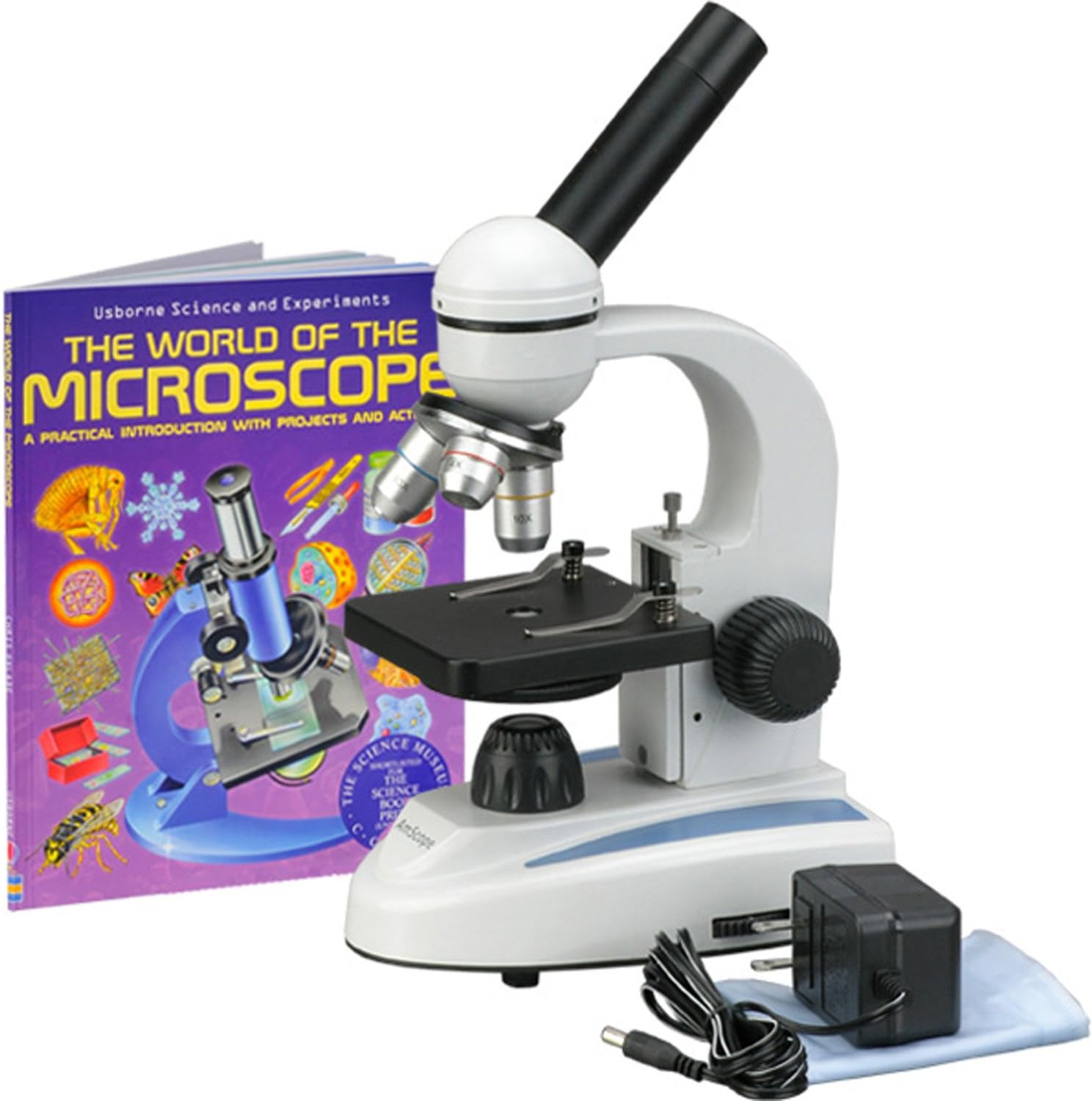 AmScope M149C-WM Compound Monocular Microscope, WF10x and WF25x Eyepieces, 40x-1000x Magnification, LED Illumination, Brightfield, Single-Lens Condenser, Plain Stage, 110V or Battery-Powered, Heavy-Duty Metal Frame, Includes Book