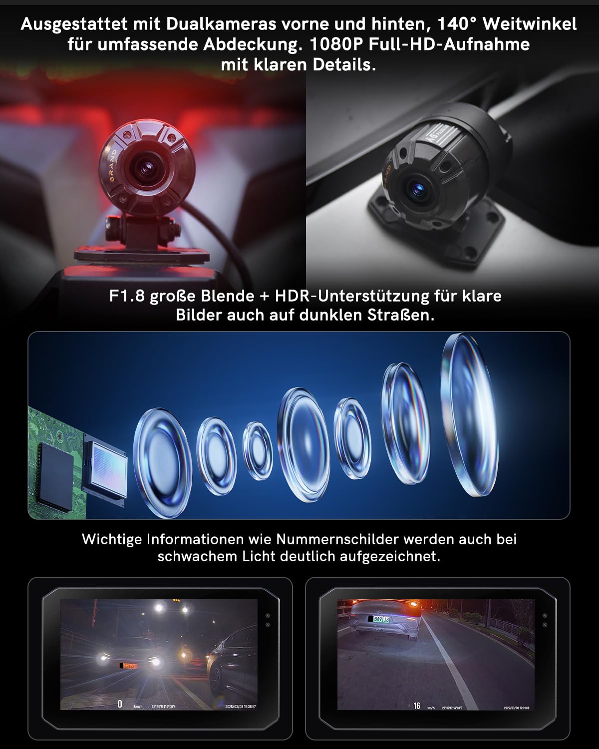 Motorrad Navi Display, CarPlay- & Android Auto kompatibel, 5 Zoll Wasserdichtem Touchscreen, Integriertes GPS, IP68 Wasserdicht, Front-/Rückkameras Motorrad Fahrrekorder