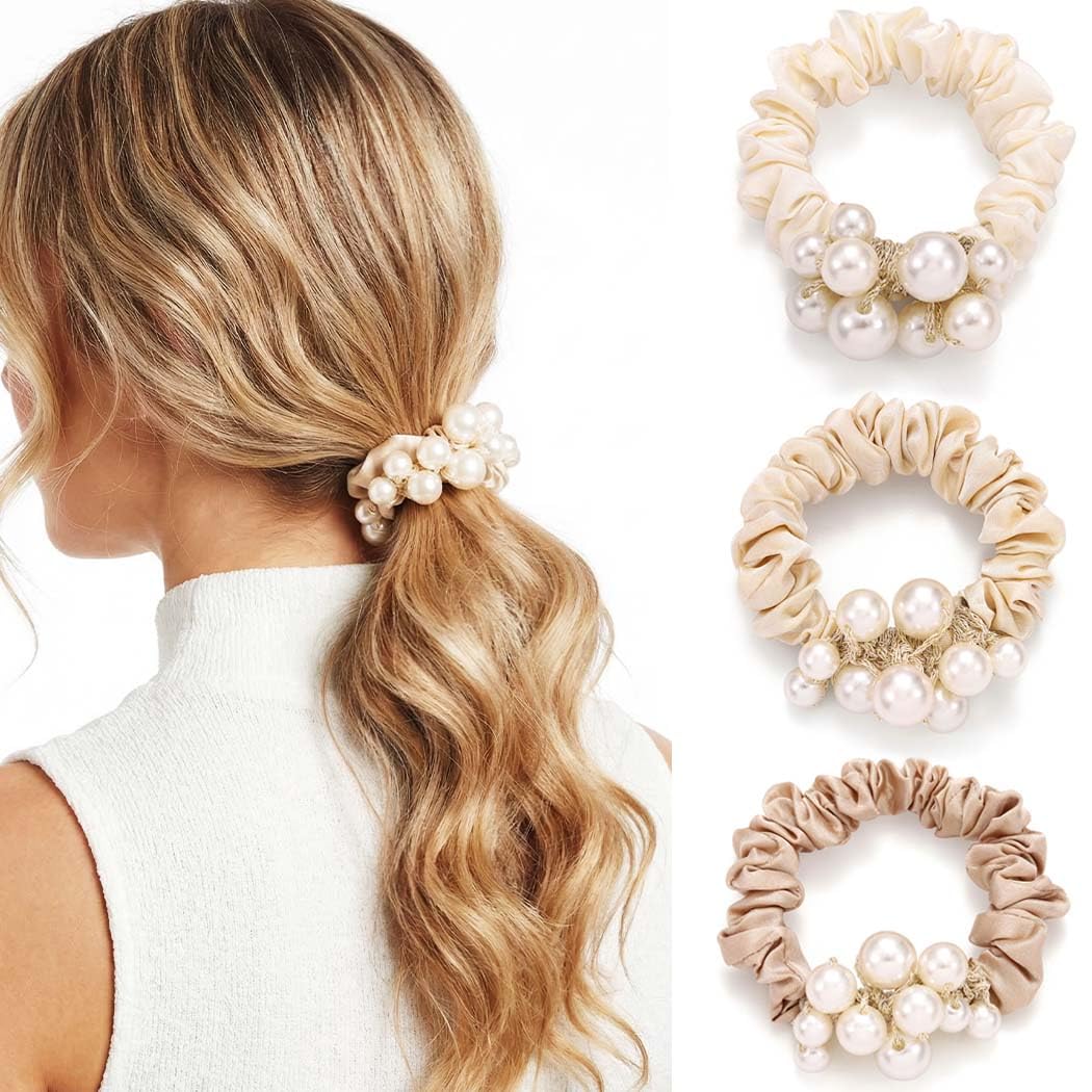 Fashey Pearl Hair Ties - Decorative Satin Scrunchies
