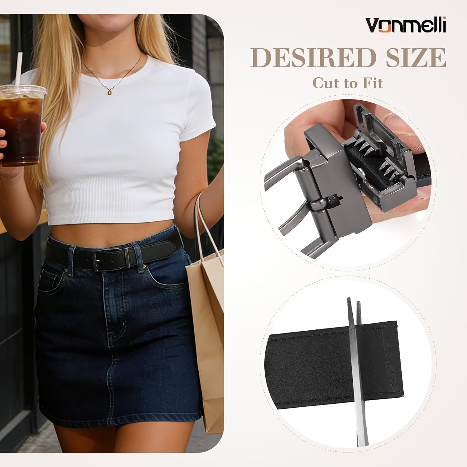 VONMELLI Reversible Belt for Women Leather Belts for Jeans Pants Fashion Ladies Dress Belt Trim to Fit - Image 3