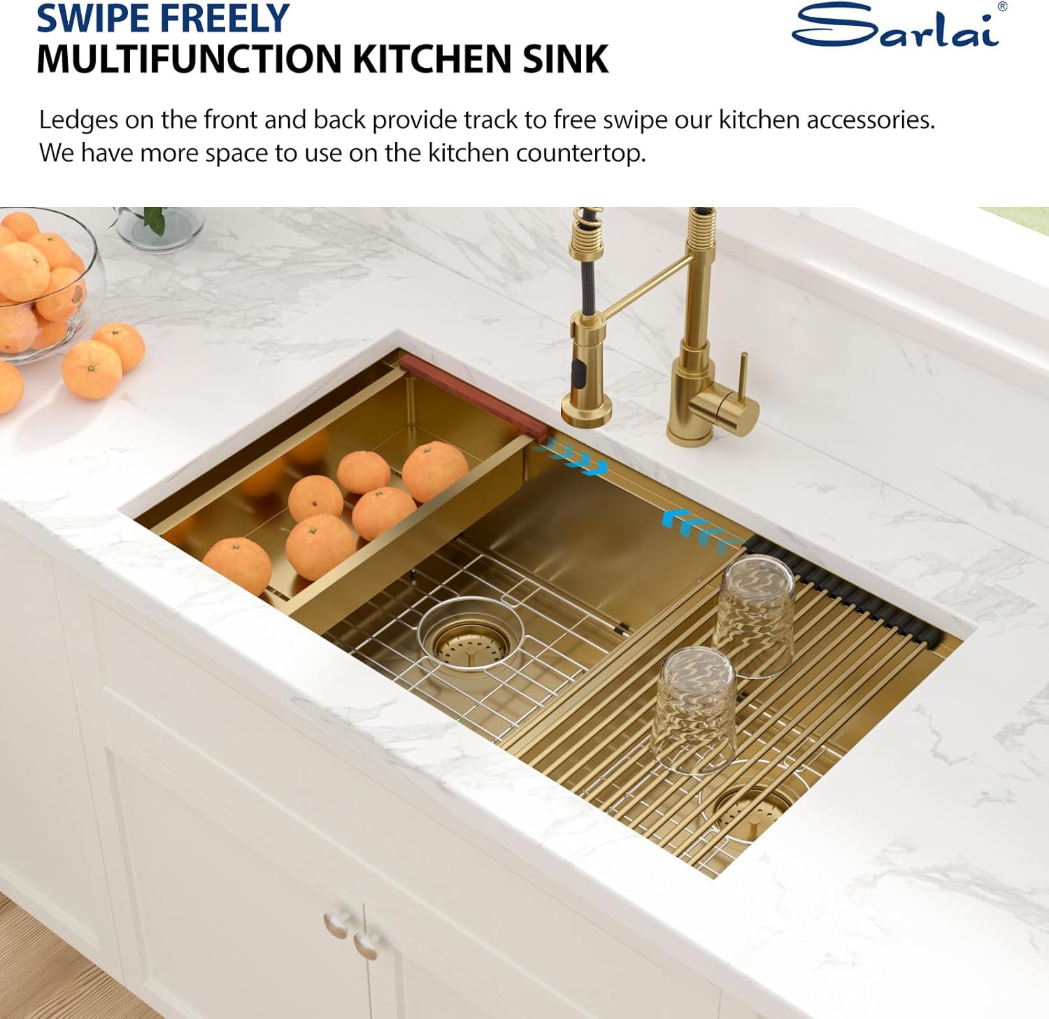 Sarlai 33 Inch Gold Undermount Kitchen Sink Double Bowl 33 x 19 Inch Low Divided Gold Workstation Double Kitchen Sink Stainless Steel 16 Gauge 60/40 Sinks Basin