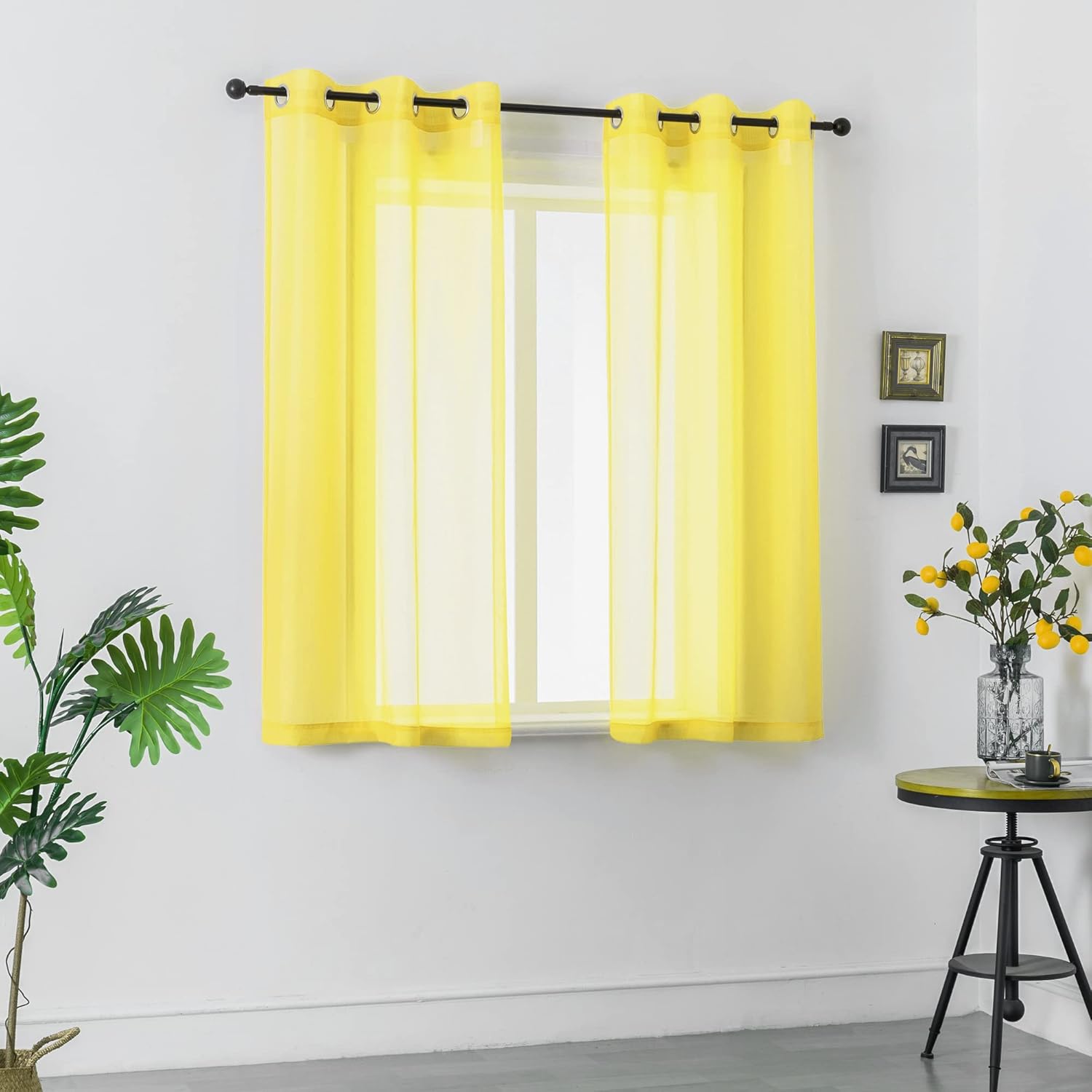 DUALIFE Yellow Sheer Curtains 63 Inch Length for Bedroom 2 Panels Grommet Solid Color Look Semi Sheer Sunmmer Curtains for Living Room Dining Bathroom Basement Kitchen 52x63 Inches Long