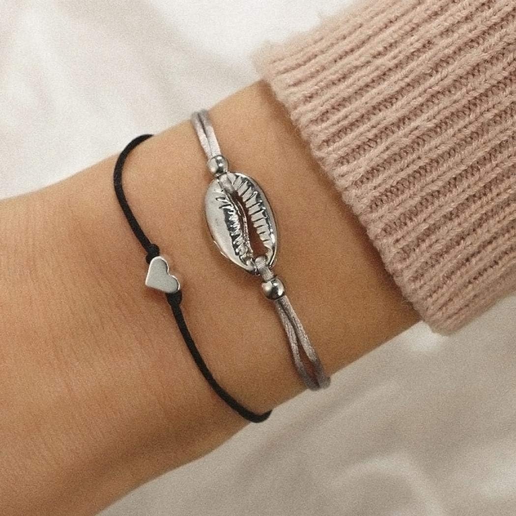 Yienate Beach Simple Alloy Shell Love Bracelet Hand Woven Cord Silver Bracelet Set for women and girls(2 pcs)