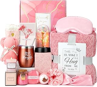 Birthday and Get Well Gifts for Women - Relaxing Spa Care Package With Luxury Flannel Blanket, Light-Up Rose Flower - Unique Self Care Gift Basket for Mom, Wife, Friends