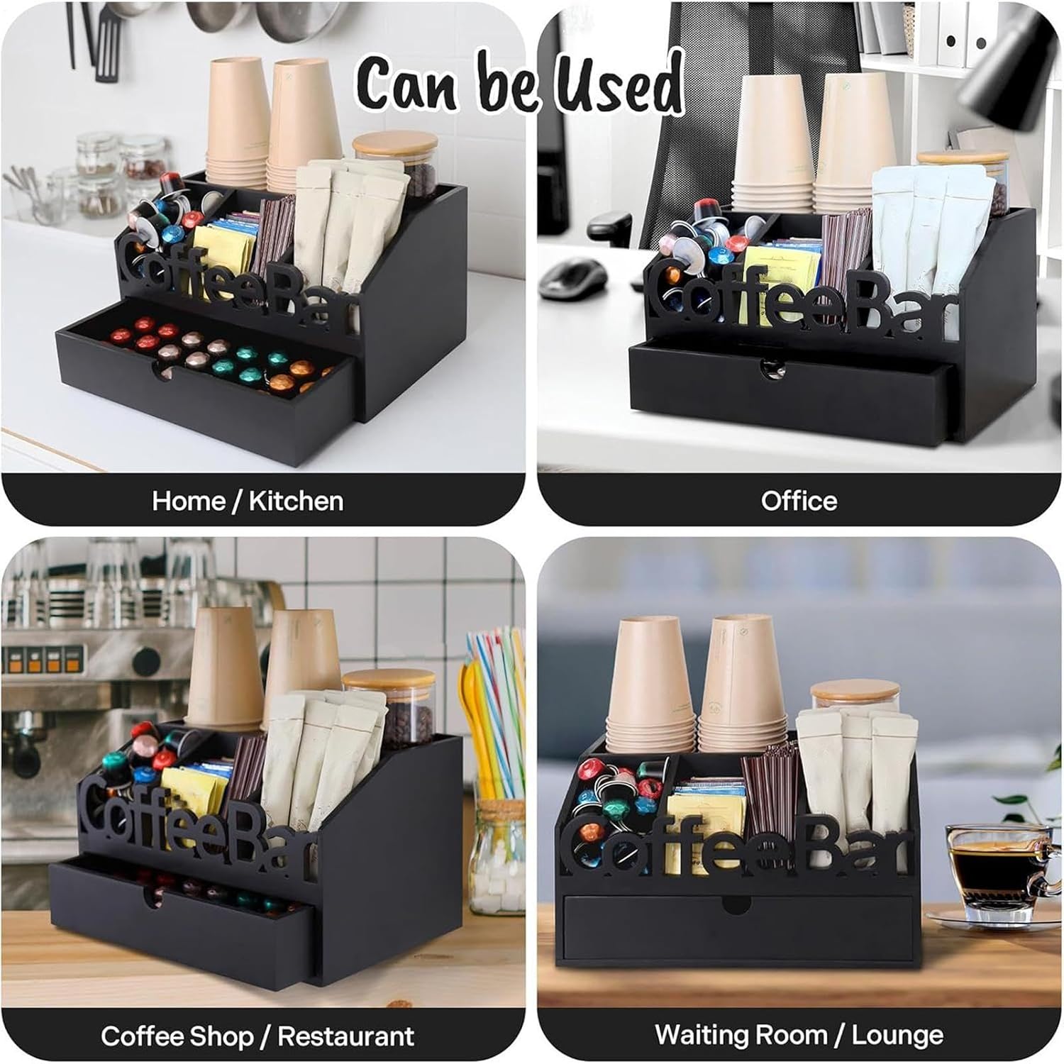 Wooden Coffee Station, Large Pod Holder and Syrup Organizer for Kitchen Countertop with Drawer, Rustic Solid Wood Texture Feature, Space Saving Storage Aid, Tea Stirrer Cup Tray Universal Size