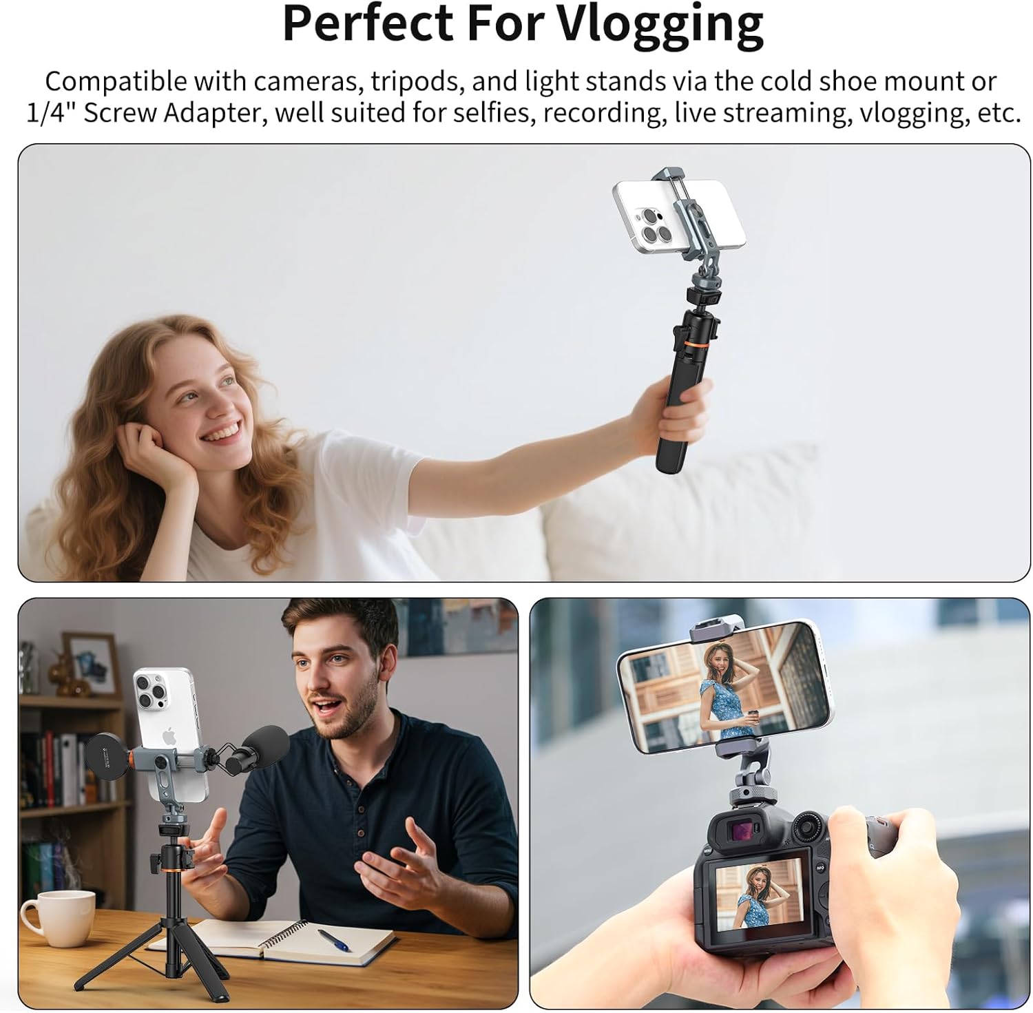 VRIG PH-18 Metal Phone Tripod Mount, 360° Phone Holder for Camera with 2 Cold Shoe Mount & 1/4" Screw Holes Compatible with iPhone Samsung for Vlog Live Stream Video Recording - Image 7