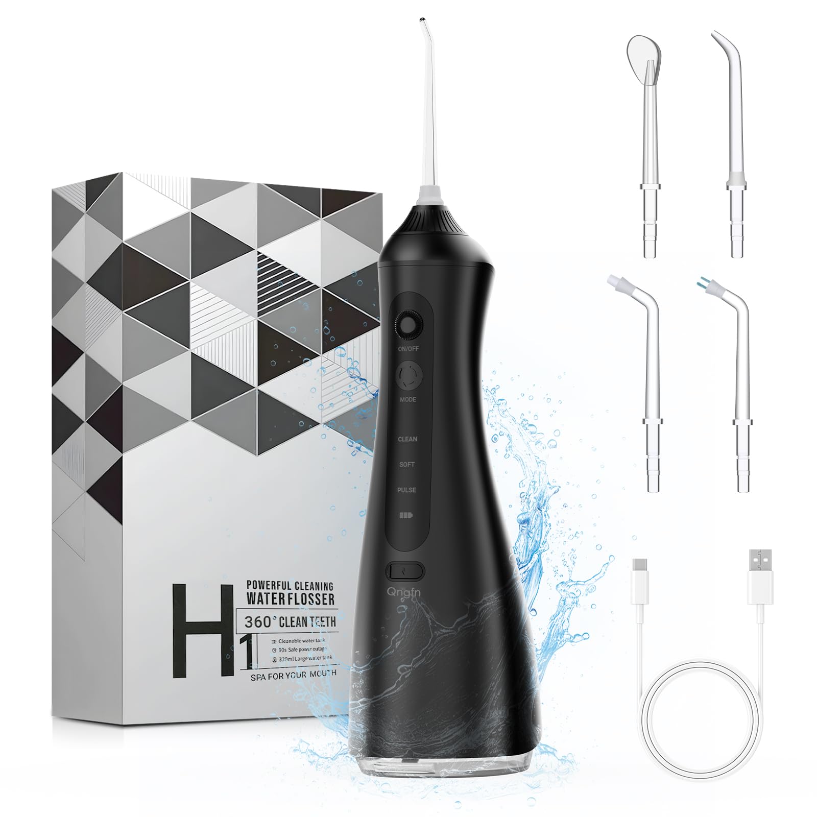 Púas de hilo dental de agua para limpieza de dientes inalámbrica, 60-160 PSI de alta presión, portátil, eléctrico, limpiador de dientes, cable USB C de 320 ml, irrigador oral recargable para viajes en