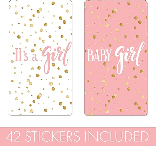 Miniatura 3 de Mini envoltorios de barra de caramelo rosa y dorado con texto en inglés "It's a Girl" para baby shower, 45 calcomanías