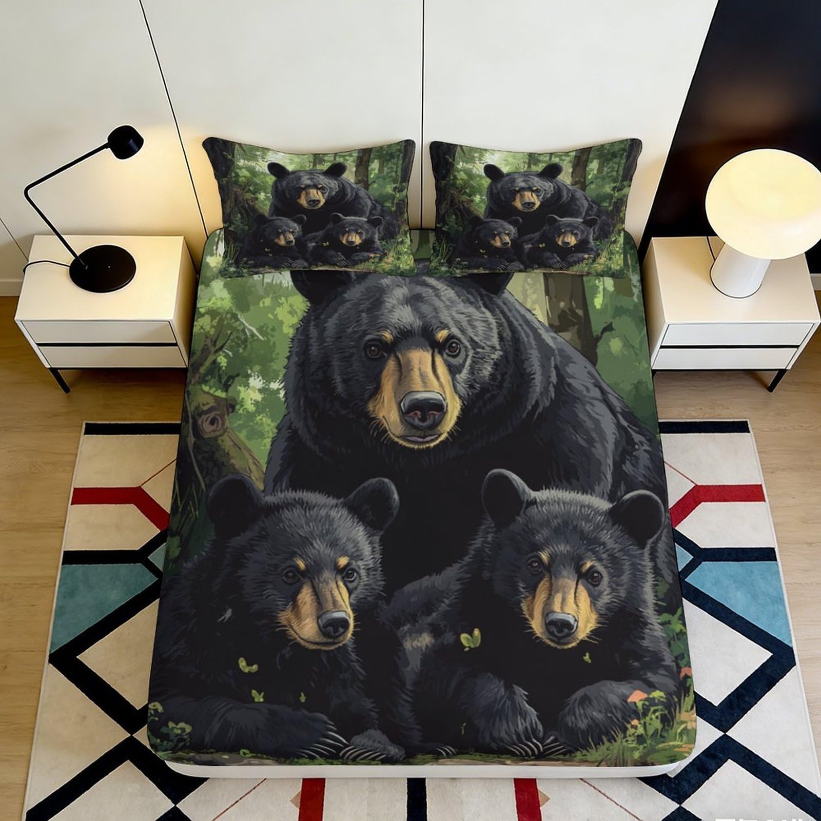 Jqzkxnhpbr Style-3 3D Printed Black Bear Forest Fitted Sheet Microfiber Soft Mattress Cover Bedroom Decor Anti-Slip Machine Washable 90X200x25cm