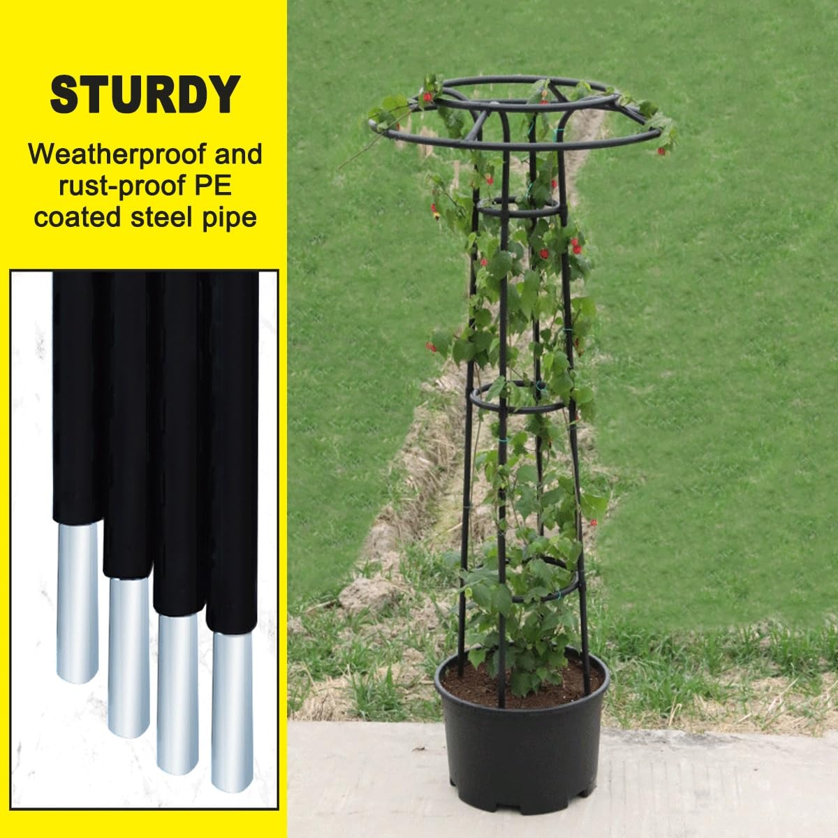 Obélisque de jardin en métal avec cadre en acier revêtu de polyéthylène 105 cm de haut pour plantes grimpantes