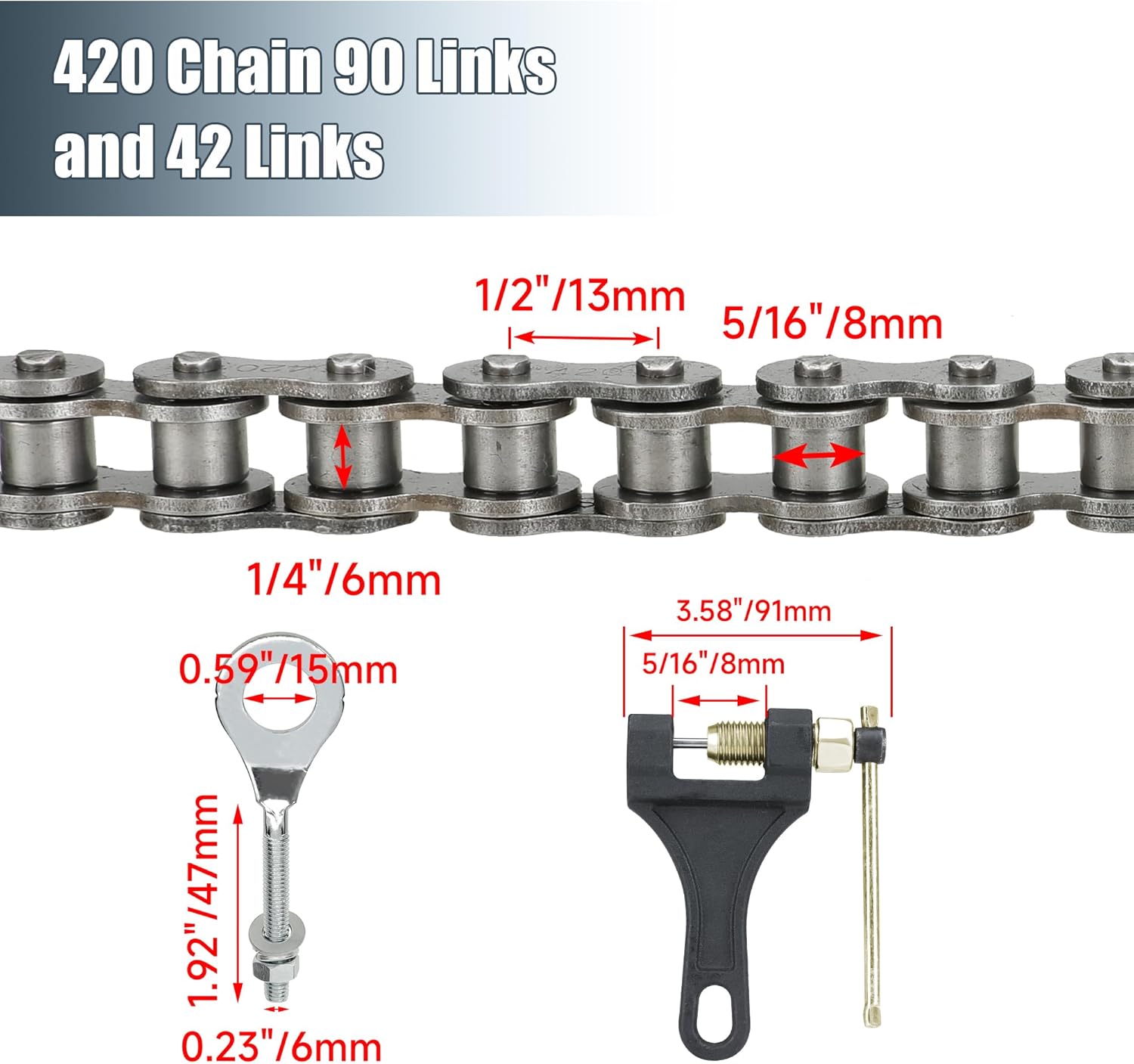 40/41/420 Sprocket 40T Mini Bike Chain 42 and 90 Links Replacement for Coleman BT200X CT200U CT200U-EX Baja TrailMaster Warrior Heat MB200 MB165 Predator 212cc 196cc 6.5hp 5.5hp Minibike Parts