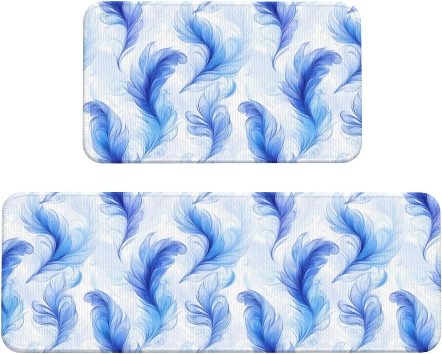 Blue Feather Print Kitchen Rugs Sets of 2 Non Slip Washable, Anti Fatigue Kitchen Mats for Floor, Home Decor