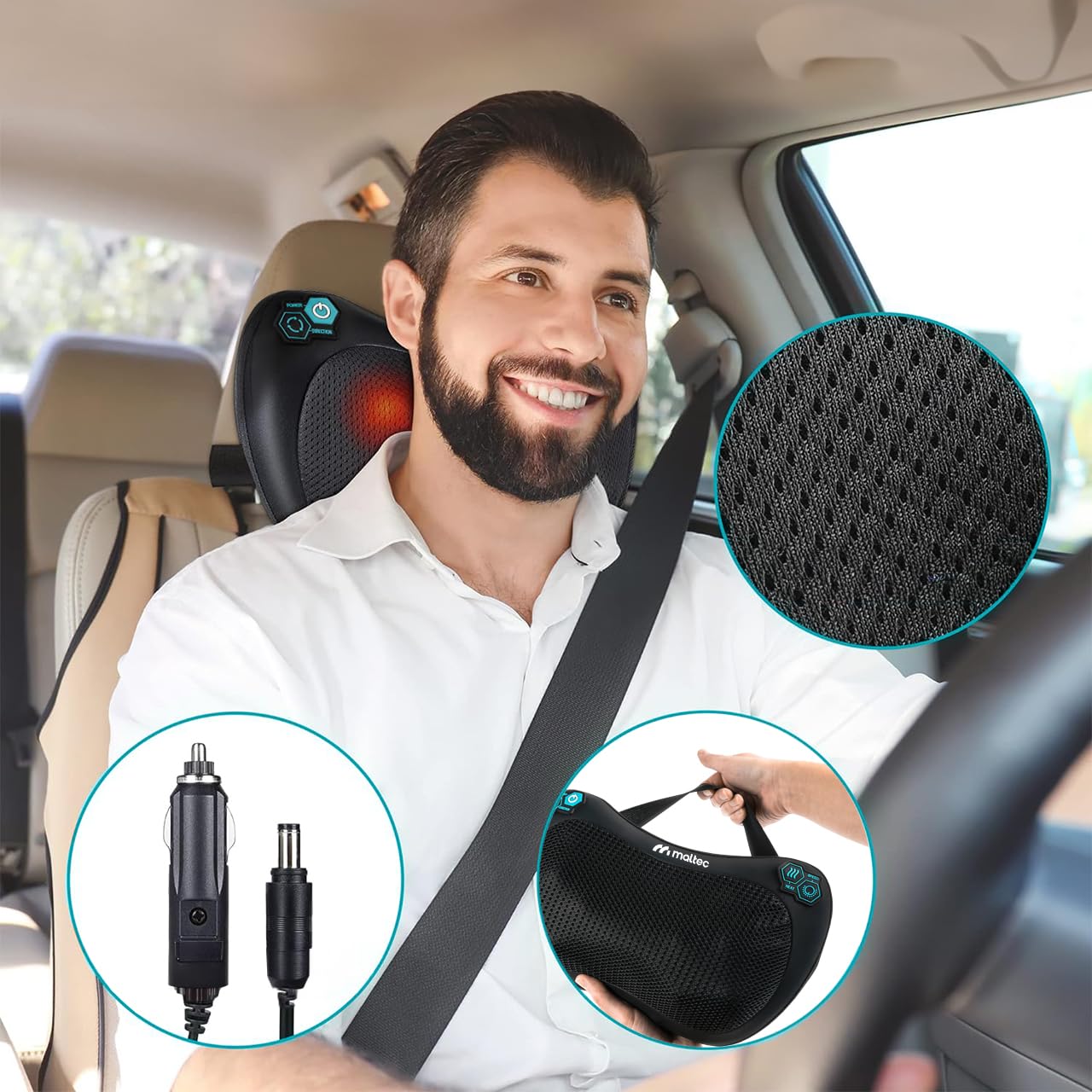 MalTec Shiatsu Massagekissen Rücken, Nacken, Körper wärmende Rückenmassagegerät Massageköpfen für Büro, Auto oder Zuhause