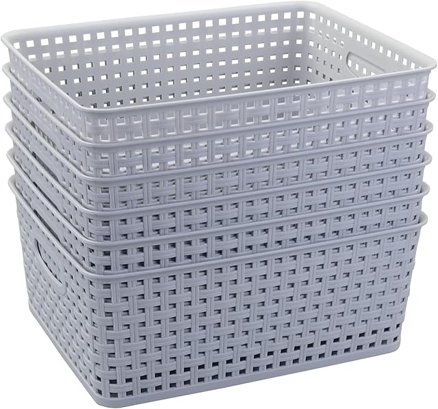 Cadineer Plastic Woven Storage Basket, Grey Organizer Basket Box Set of 6