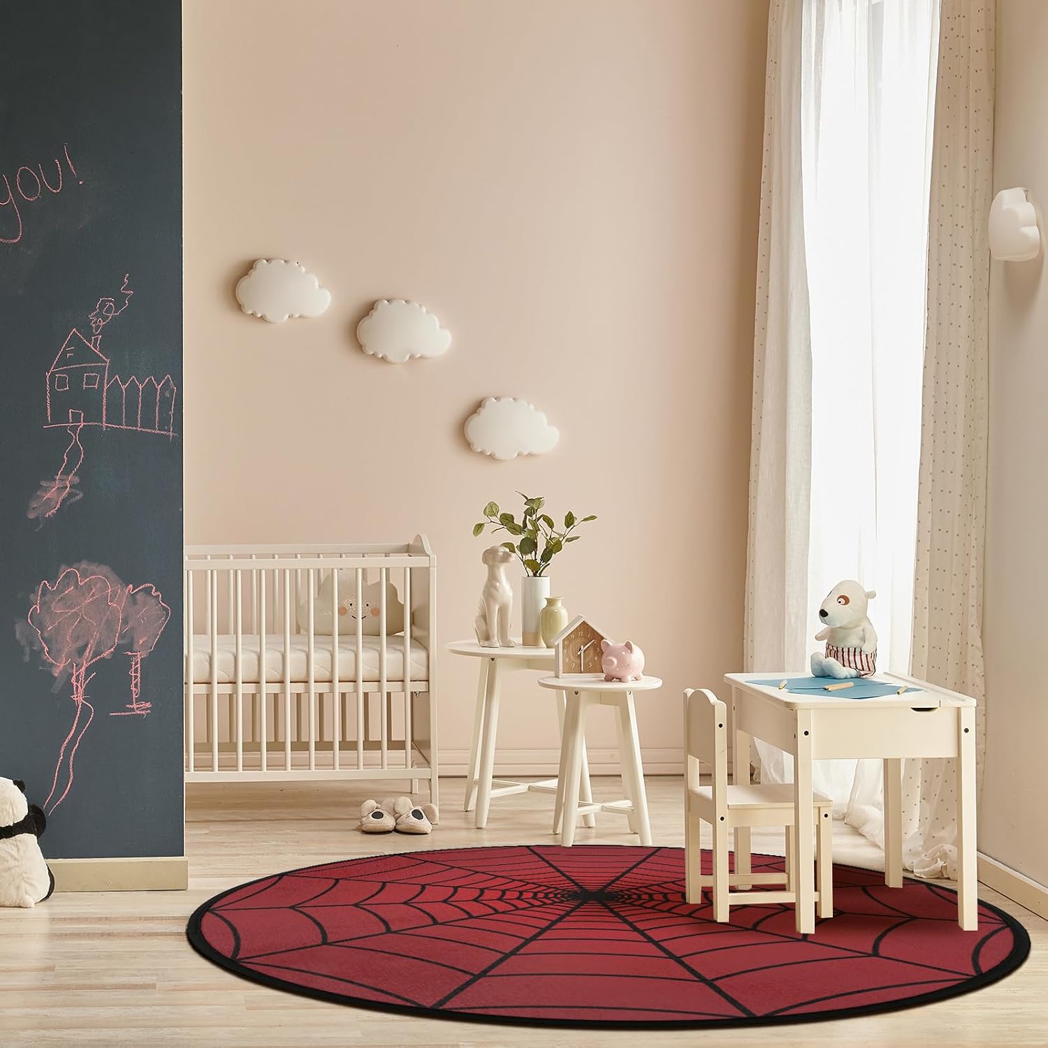 Spider Round Area Rug, Red Spider Web Non-Slip Large Area Rug Machine Washable Circle Rug Floor Mat Carpets for Living Room Bedroom Nursery (5.3ft)