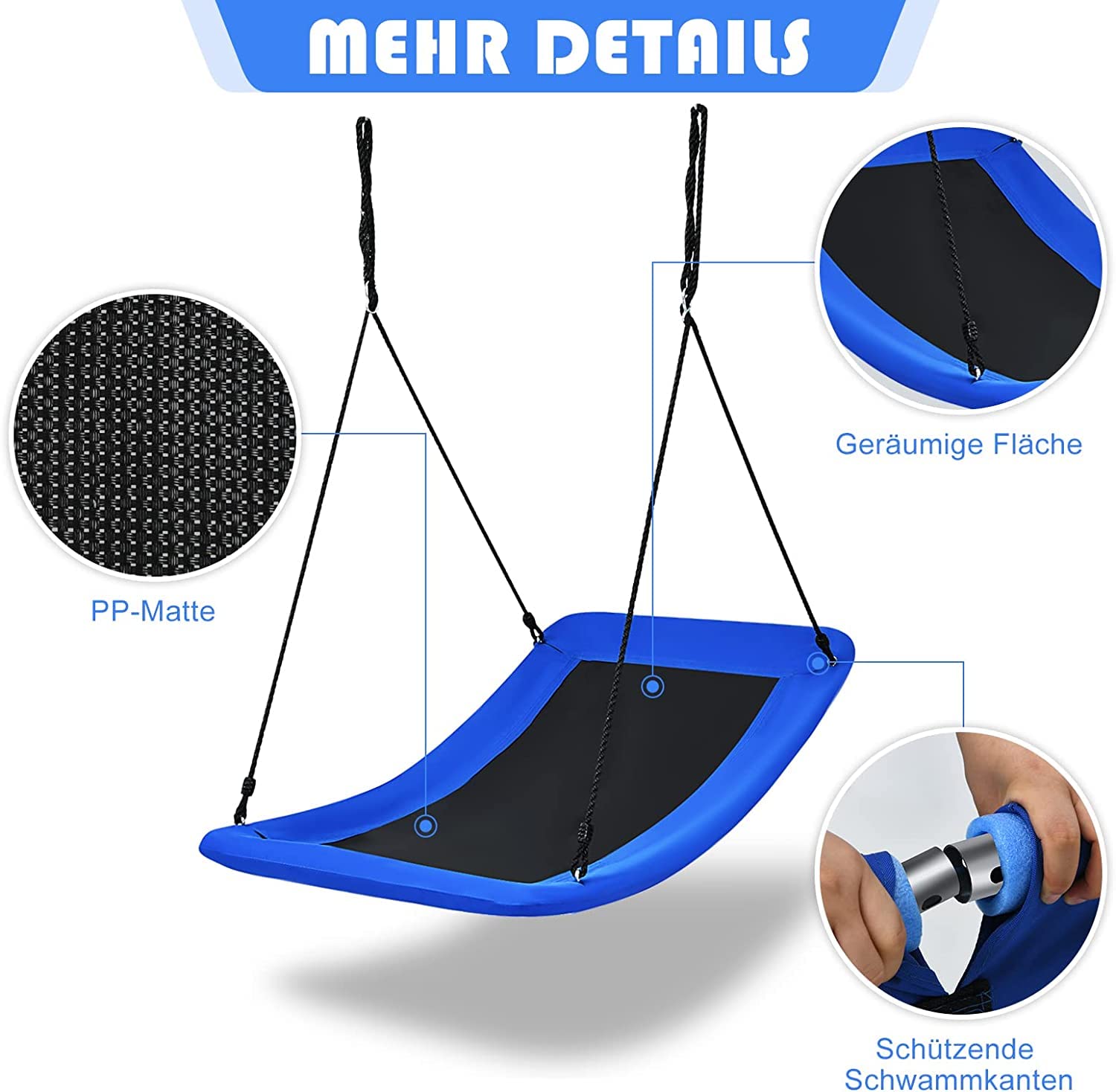 DREAMADE Nestschaukel eckig 150x80cm, Kinderschaukel bis 150KG belastbar, Baumschaukel mit 100-180cm verstellbaren Seil, für Kinder & Erwachsene, für Indoor & Outdoor (Blau)