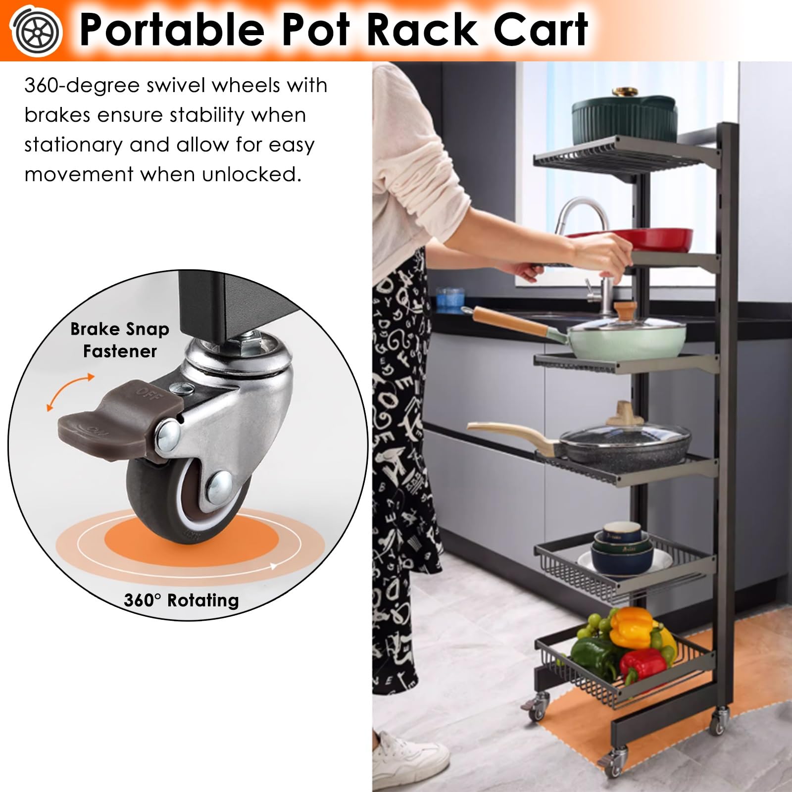 Carrito organizador de ollas y sartenes, estante de almacenamiento ajustable para ahorrar espacio en la cocina