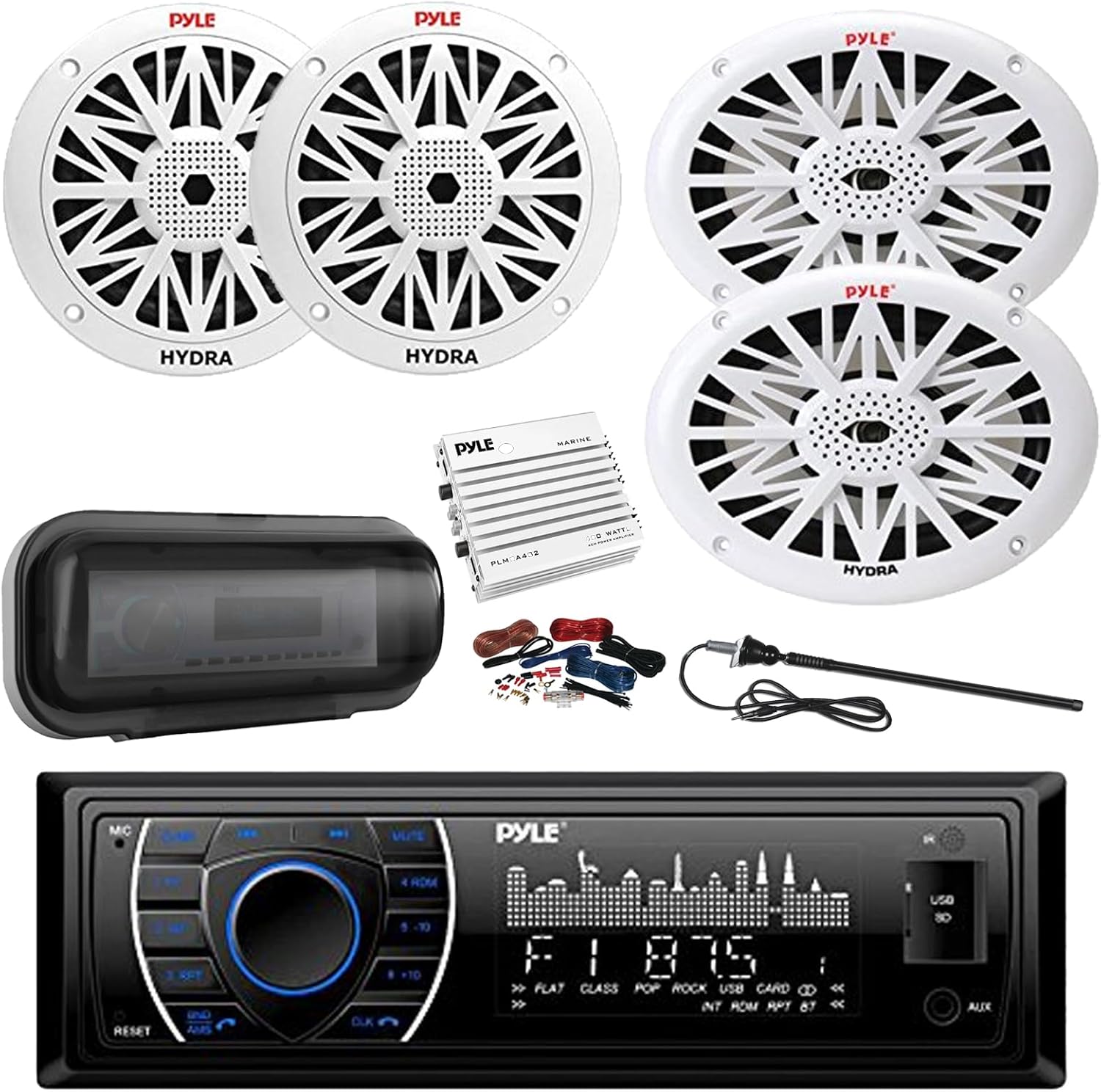 Pyle PLRMR27BTB Marine Bluetooth MP3 Radio Receiver, Cover, 4-Channel Amplifier w/Kit, 2x 6.5" 200W Full Range 2-Way Waterproof Speakers, 2x 6x9" 260W 2-Way Outdoor Speakers, Longe Range Antenna