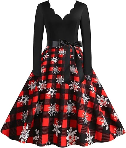 Miniatura 1 de KASAAS Vestidos de Navidad para mujer, elegante, casual, de manga larga, cuello en V, cuello en V, años 50, fiesta, cóctel, vestido vintage