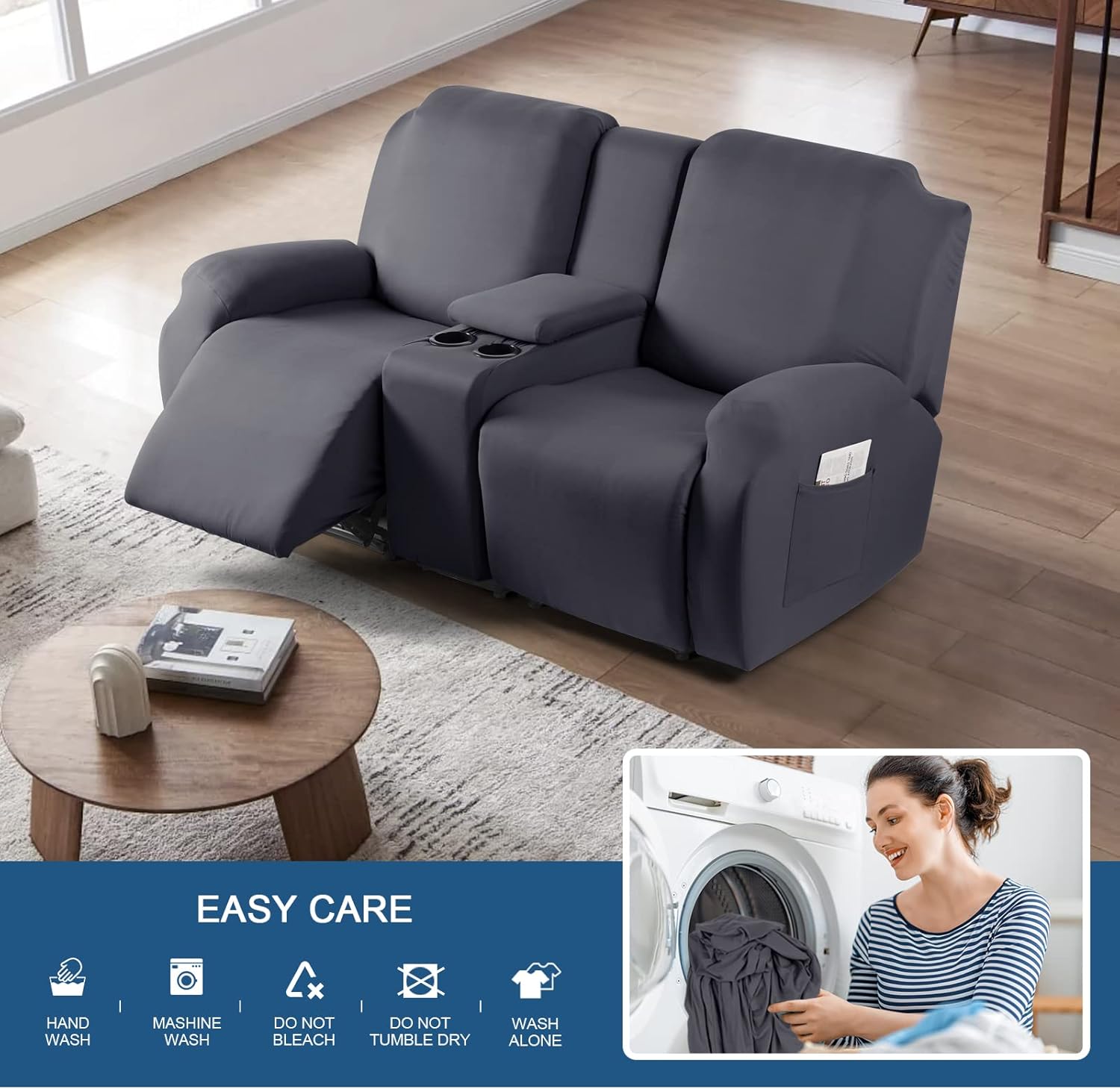 TAOCOCO Reclining Loveseat with Middle Console Slipcover, 4 Piece Polyester Fabric Stretch Loveseat Reclining Sofa Covers (Gray, 2 Seat Recliner Cover with Console)