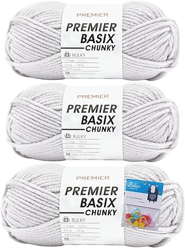 Premier Yarns Basix - Hilo grueso de 3.5 onzas, peso voluminoso #5, paquete con marcadores de puntada Bella's Crafts (gris claro)