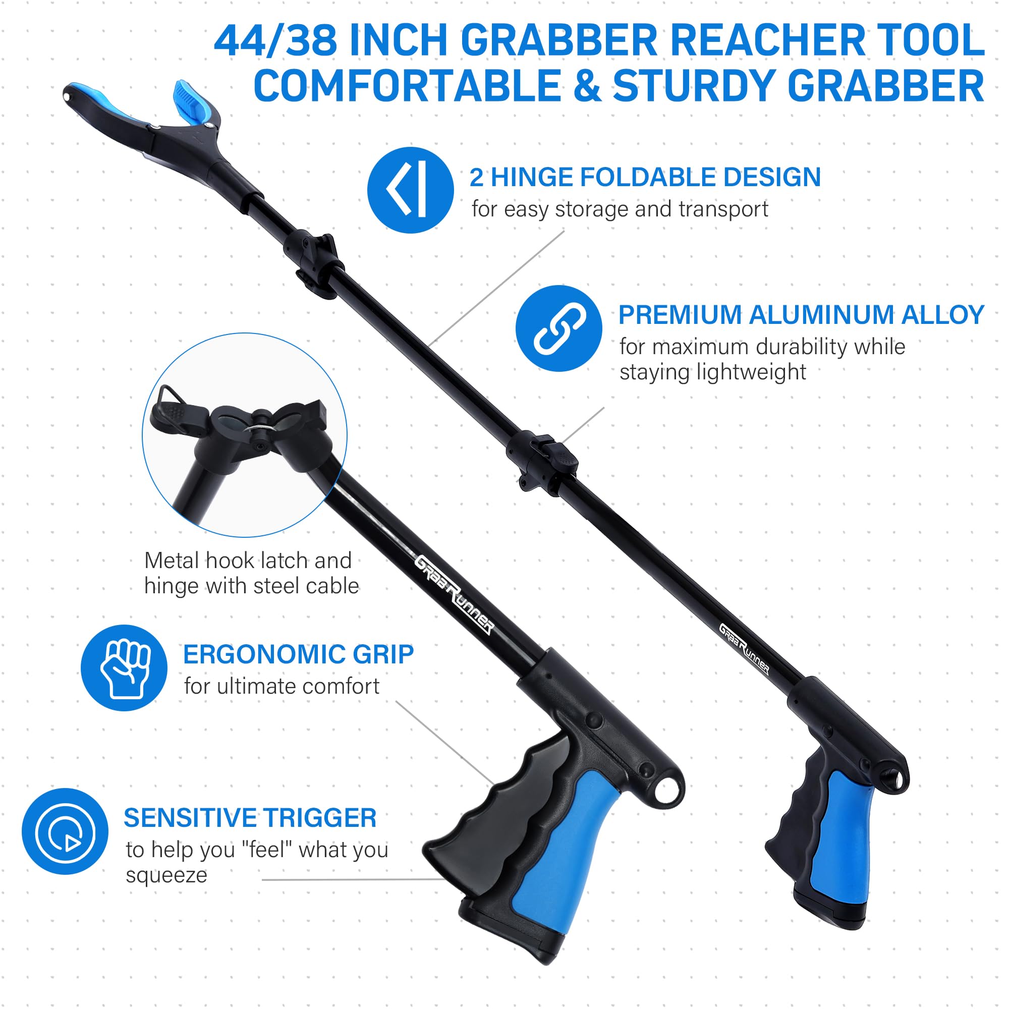 GrabRunner Juego de herramientas de agarre de 38 y 44 pulgadas, herramientas extensibles para personas mayores, discapacitados, recogida de basura y zonas de difícil acceso, agarre ergonómico y diseño
