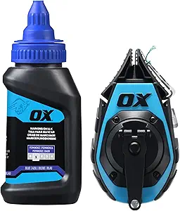 OX Pro 50ft Precision Chalk Line Tool Value Pack - Kevlar Ultra Fine Line Blue Chalk Reel with 1.5oz Blue Powder Refill - 3:1 Gear Ratio Choclain Tiralineas Choclay