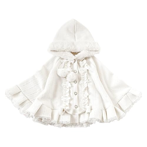Cuteighteen Kawaii Lolita Hooded Cloak Teens Cape Fleece Lined Jacket Winter Coat Hoodie Lace Trim Poncho Sweater - One Size - White