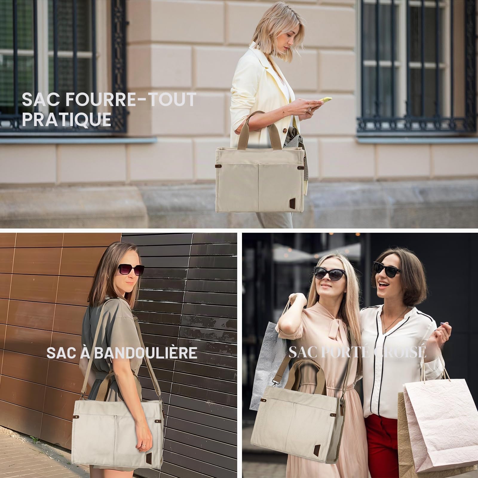 VASCHY Sac Cabas Femme en Toile, à Fermeture Zippée, Multi-poches, Bandoulière Amovible et Réglable