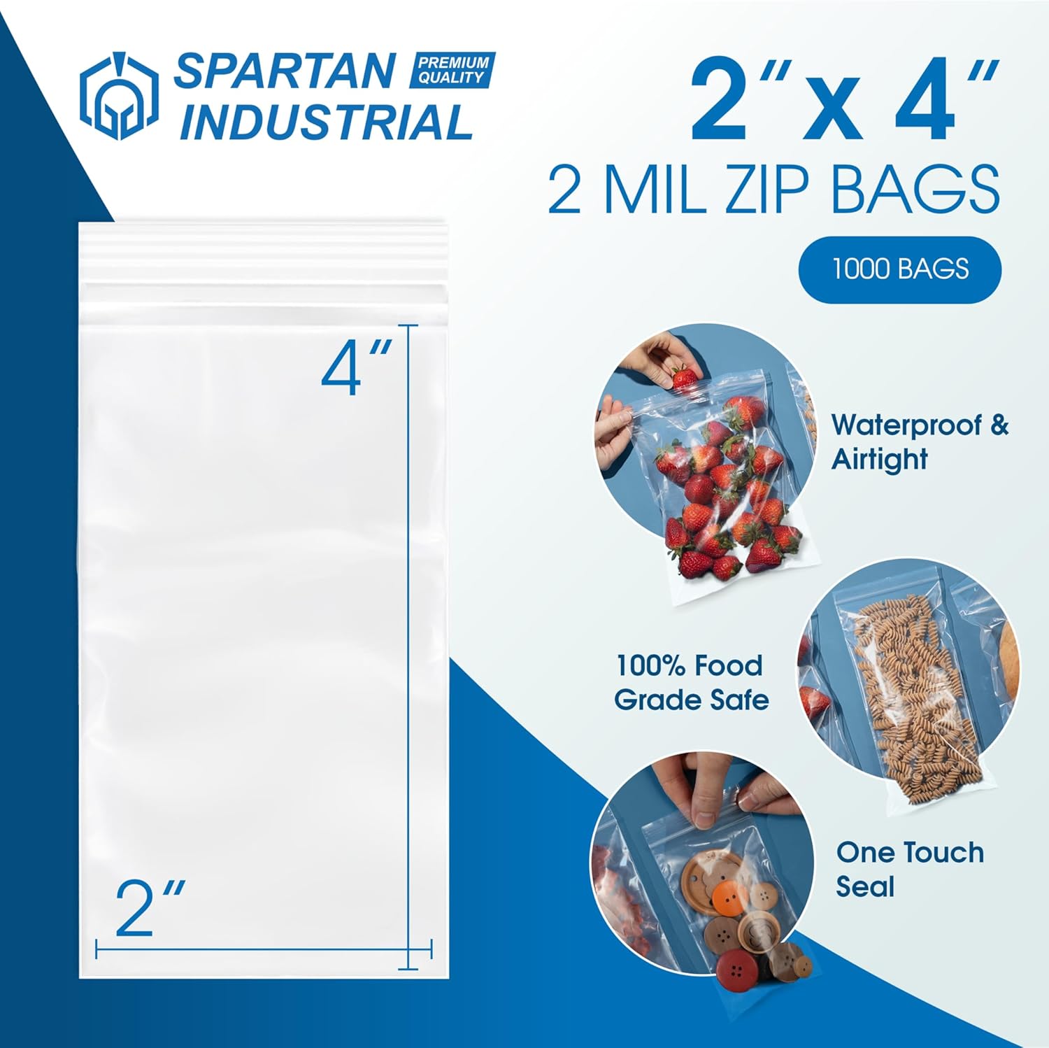 spartan industrial - 2” x 4” (1000 count) 2 mil clear reclosable zip plastic poly bags with resealable lock seal zipper