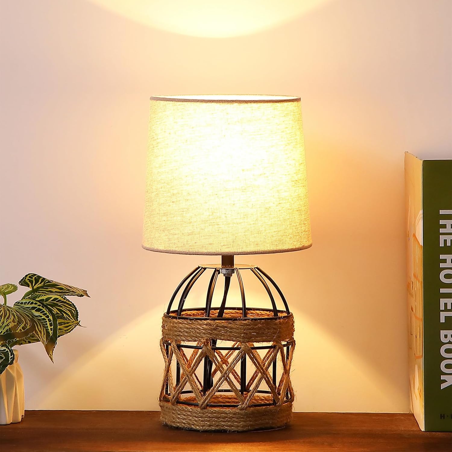 2 Pack Boho Rattan Table Lamps for Bedroom,Small Bedside Nightstand Lamp with Metal Cage Base Linen Shade,Farmhouse Coastal Rustic Living Room Bedroom Decor