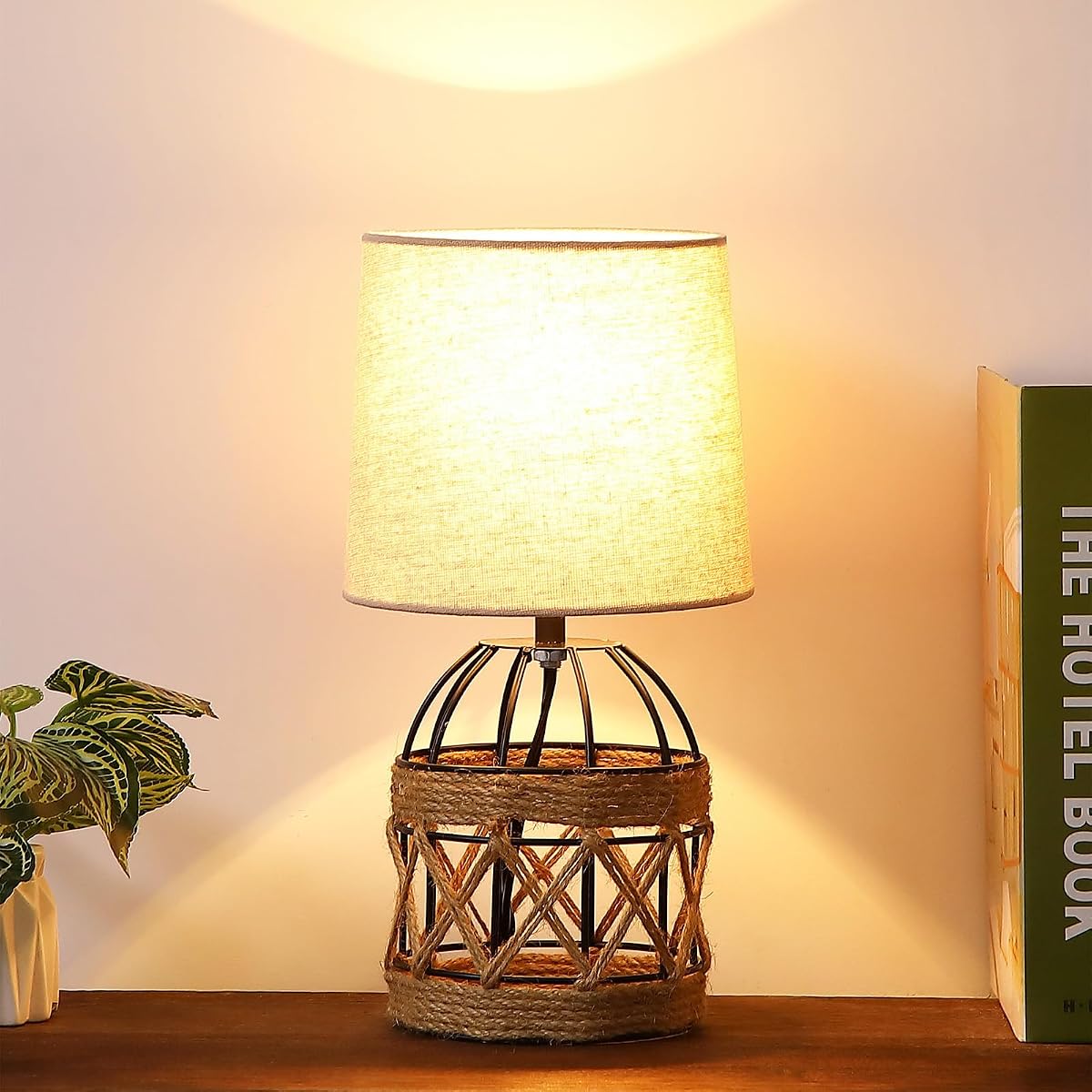Boho Table Lamp for Bedroom, Small Bedside Lamp with Rattan Metal Cage Base and