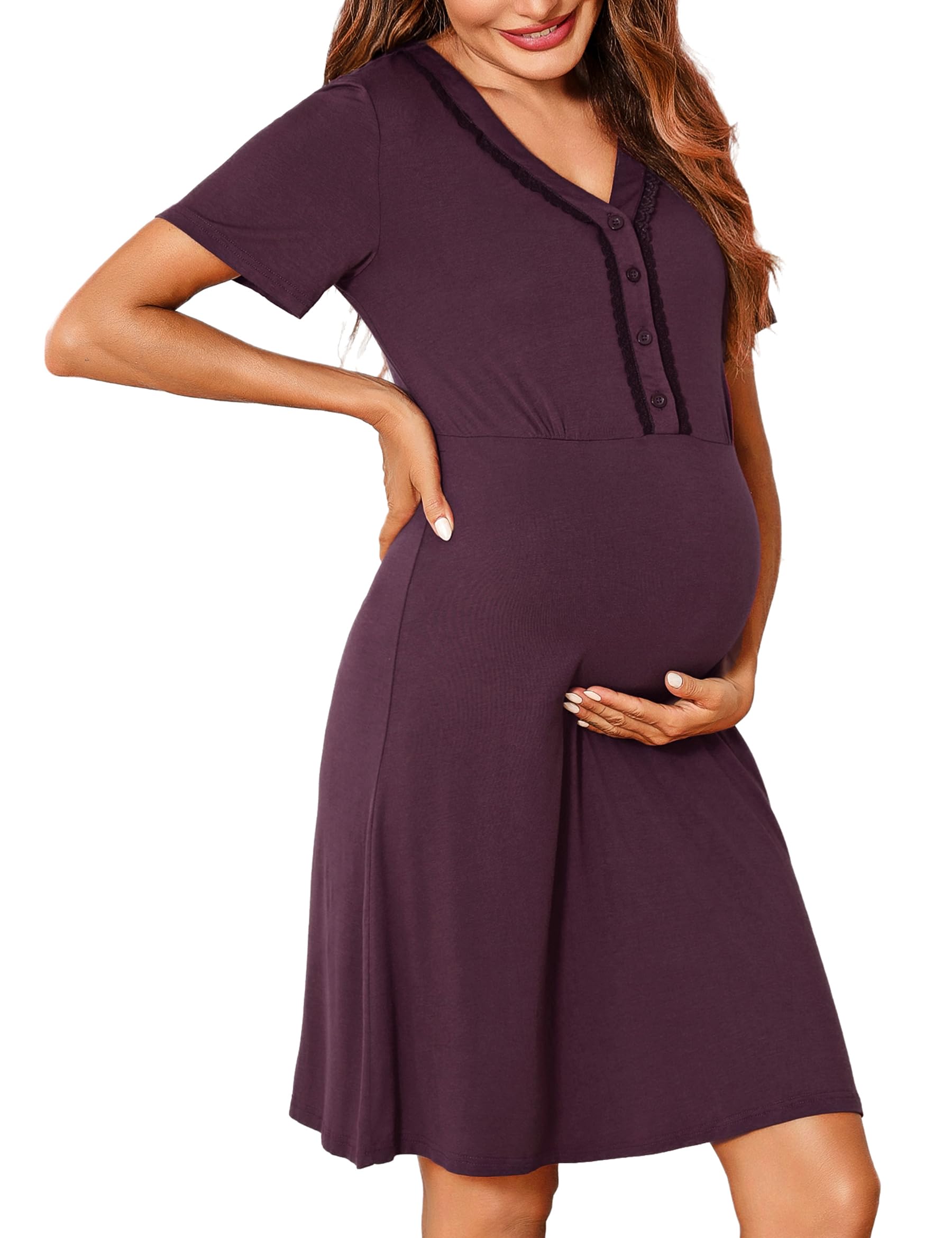 Demegimi Chemise de Nuit de Maternité Allaitement Coton Nuisette Grossesse à Manches Courtes Boutonnée Robe de Nuit Nuisette Enceinte Devant Ouvert en Dentelle