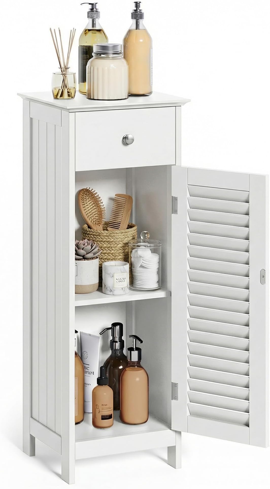 VASAGLE Bathroom Floor Cabinet Storage Organizer Set with Drawer and Single Shutter Door Wooden White UBBC43WT, MDF, 12.6"x11.8"x34.3"