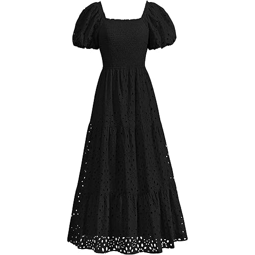 PRETTYGARDEN Summer Dresses for Women 2025 Eyelet Square Neck Puff Sleeve Smocked Wedding Guest Maxi Dress with Pockets